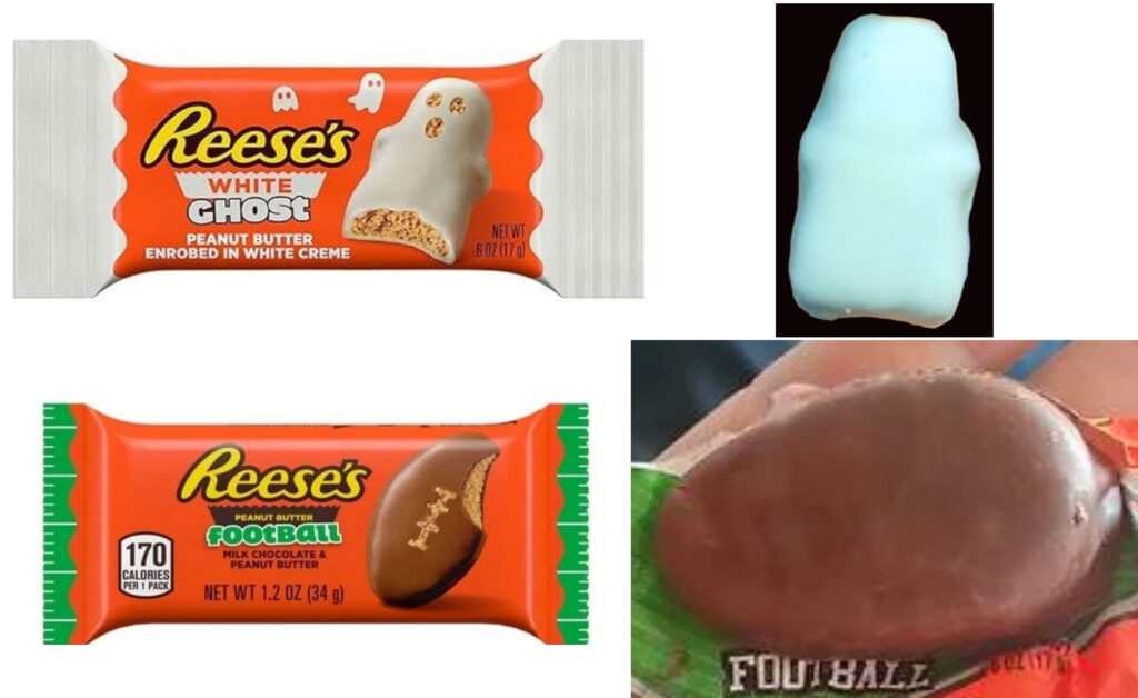 Comparing Reese's Ghost and Football Peanut Butter Cup packages to the actual product inside