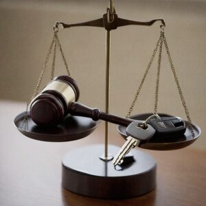 An image of a balance scale with a gavel on one side and car keys on the other, representing the services of Delray Beach Drunk Driving Accident Lawyers in seeking justice