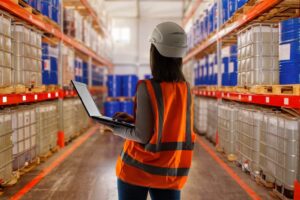 Female warehouse worker using a laptop in a storage facility for fuels and lubricants, with shelves of petroleum tanks in the background.